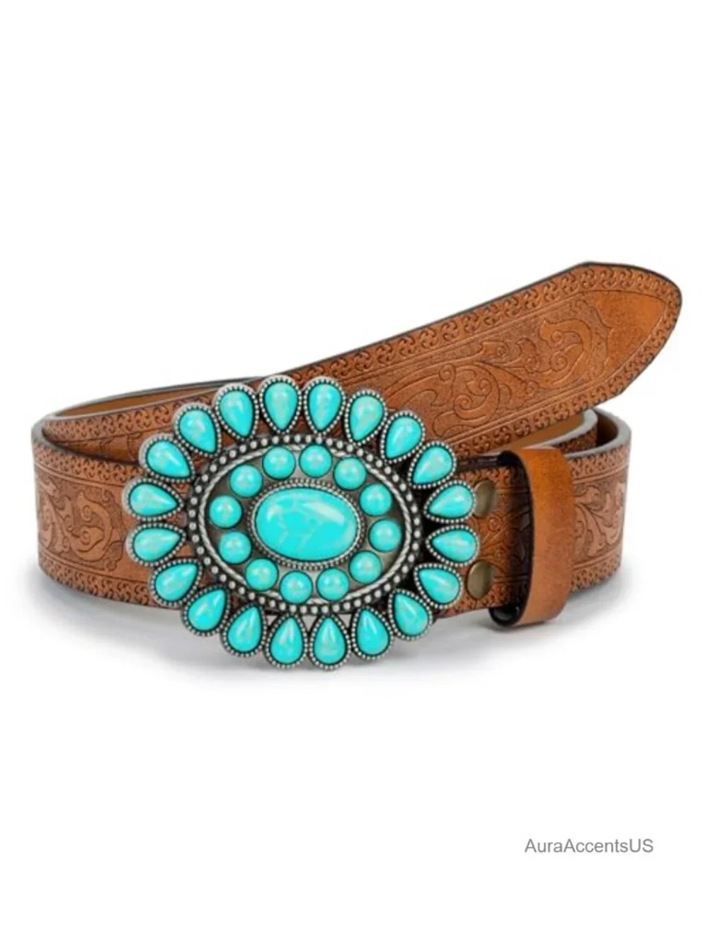 Western Cowgirl PU Leather Belt with Turquoise Buckle for Women Dress Waist
